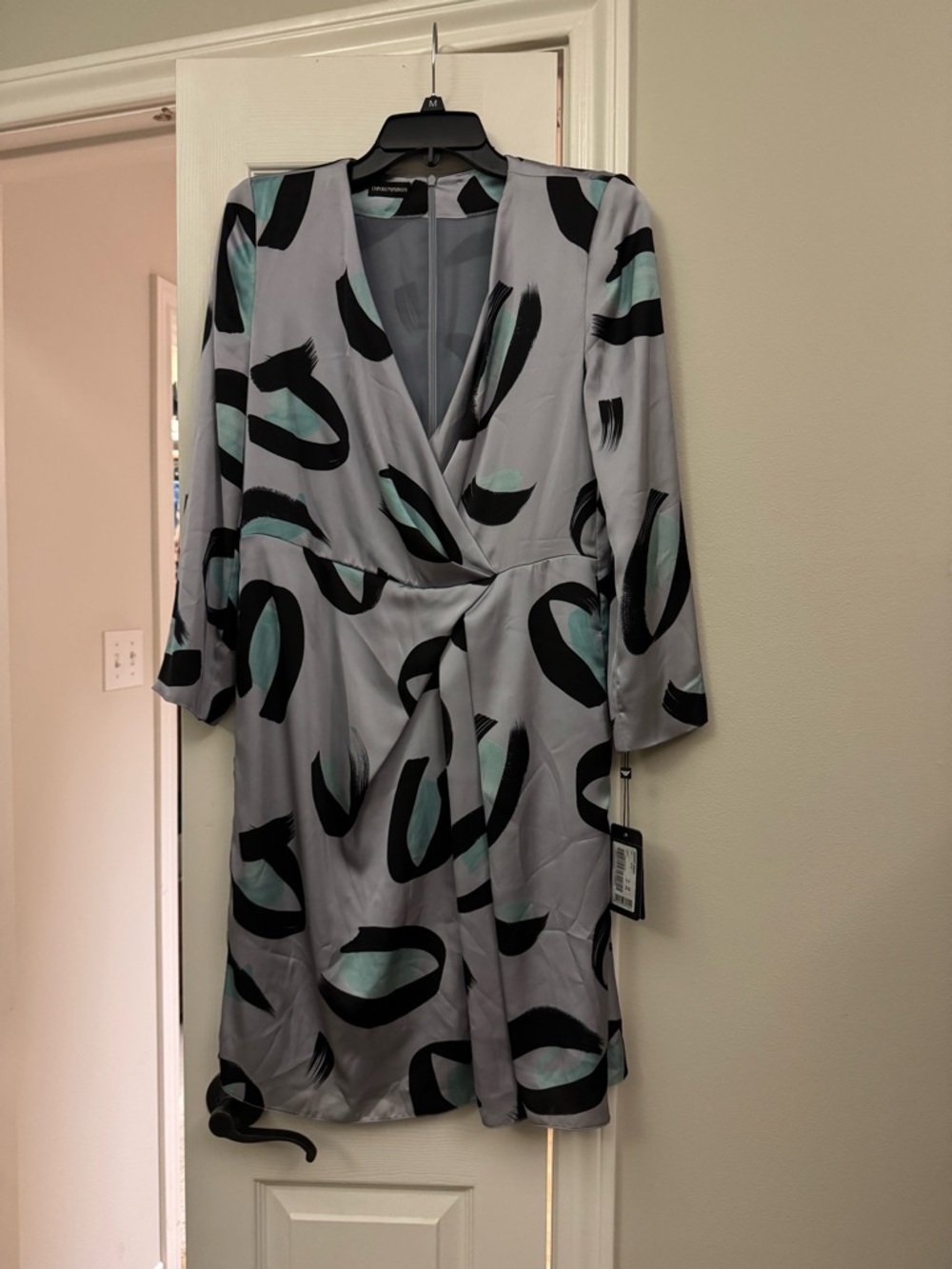 Giorgio Armani Light Gray Wrap Dress with Black and Mint Brushstroke Print